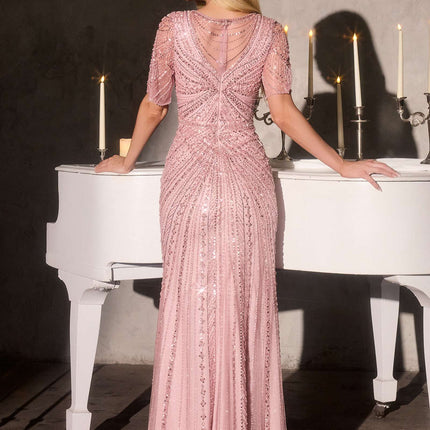 Ladivine CR887 Scoop Neck Flutter Sleeve Beaded Tulle Overlay Formal Gown
