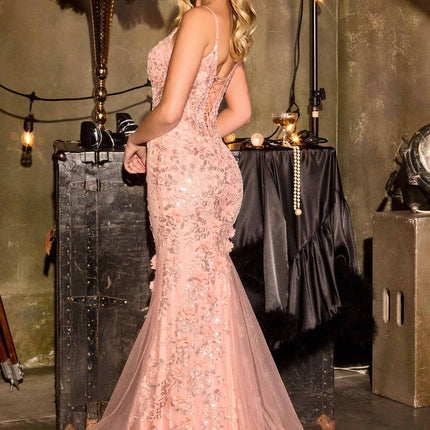 Ladivine CT264 Floral Applique V-Neckline Fitted Evening Dress