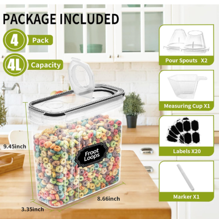 4-Piece Set: Airtight Cereal Storage Containers with Pour Spouts & Measuring Cup – 4L Kitchen Pantry Organizer