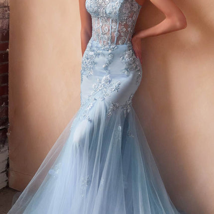 Ladivine D145 Long Sparkly Mermaid Gown Tulle Skirt Corset Back