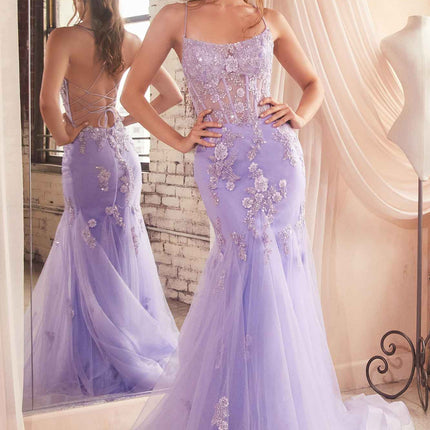 Ladivine D145 Long Sparkly Mermaid Gown Tulle Skirt Corset Back