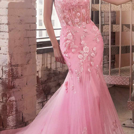 Ladivine D145 Long Sparkly Mermaid Gown Tulle Skirt Corset Back