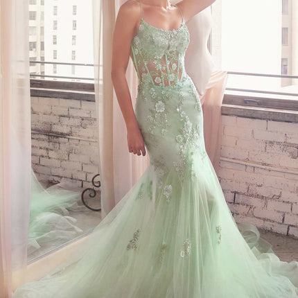 Ladivine D145 Long Sparkly Mermaid Gown Tulle Skirt Corset Back