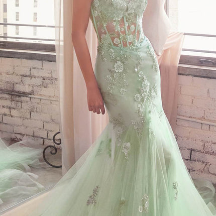 Ladivine D145 Long Sparkly Mermaid Gown Tulle Skirt Corset Back