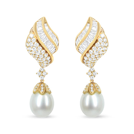 18k Yellow Gold 7.0 Cttw Baguette and Round Diamond South Sea Pearl Drop Dangle Clip-On Earrings (F-G Color, VS1-VS2 Clarity)