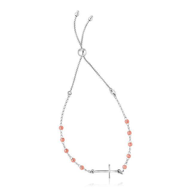 Sterling Silver White and Rose Finish Adjustable Bracelet with Cross