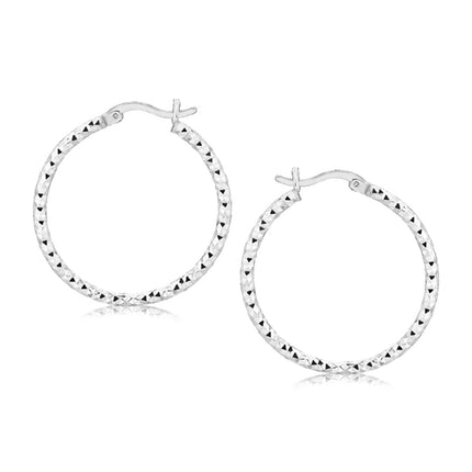 Sterling Silver Faceted Motif Hoop Earrings with Rhodium Plating