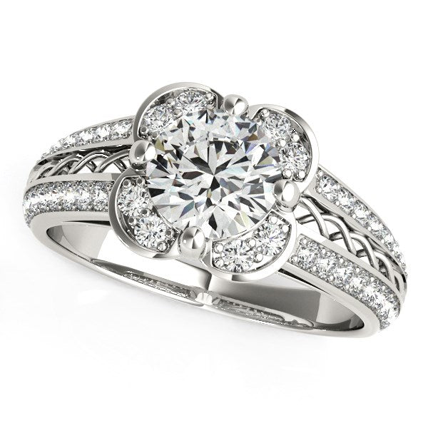 Round Cut Bridal Ring | 1 3/8 Ct Diamond Floral Engagement Ring 14K White Gold
