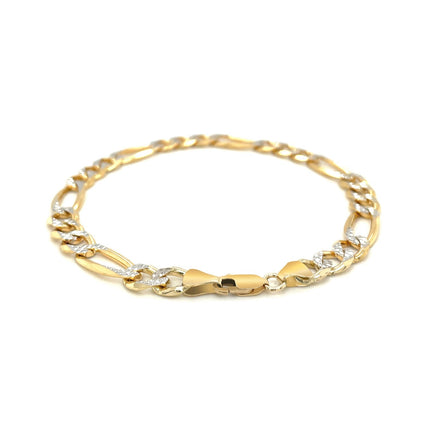 7.0mm 14K Yellow Two Tone Solid Pave Figaro Bracelet