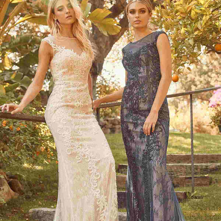 Nox Anabel E1006 Fitted Sheath Formal Lace Dress with Illusion Neckline