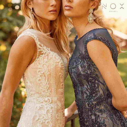 Nox Anabel E1006 Fitted Sheath Formal Lace Dress with Illusion Neckline