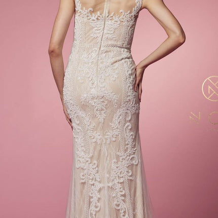 Nox Anabel E1006 Fitted Sheath Formal Lace Dress with Illusion Neckline
