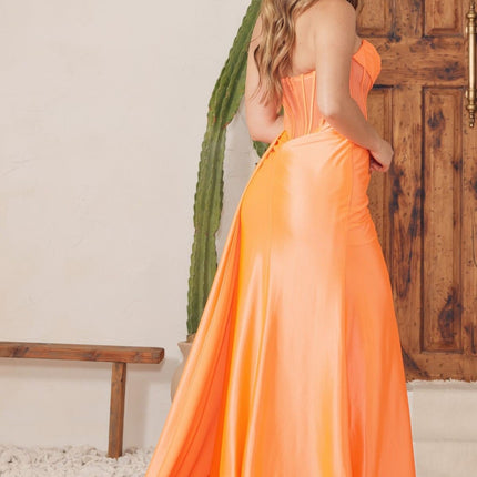 Nox Anabel E1237 Floor Length Satin Cowl Neck Strapless Gown Side Sash