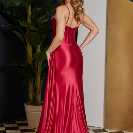 Nox Anabel E1242 Floor Length Fitted Satin Corset Bodice with Slit Gown