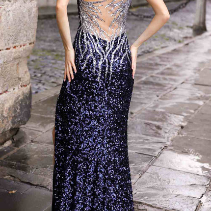 Nox Anabel E1280 Long One Shoulder Illusion Back Sequin Gown
