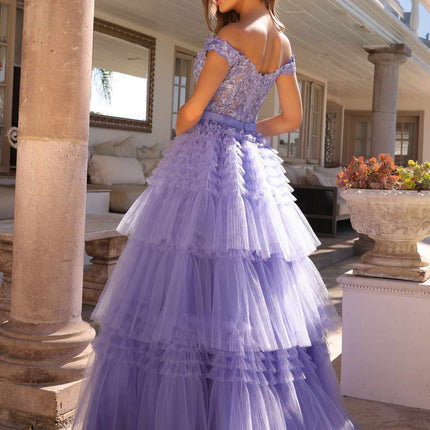 Nox Anabel E1293 Long Off the Shoulder Sweetheart Ruffled Tiered Tulle Gown