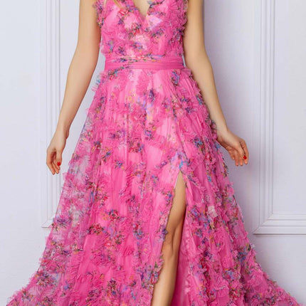 Nox Anabel E1445 Long A-Line V-Neck Floral Print Evening Gown