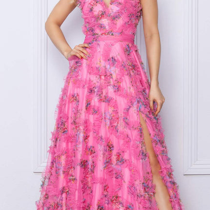 Nox Anabel E1445 Long A-Line V-Neck Floral Print Evening Gown