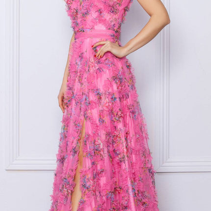 Nox Anabel E1445 Long A-Line V-Neck Floral Print Evening Gown
