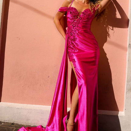 Nox Anabel E1451 Long Off the Shoulder Fitted Column Satin Dress