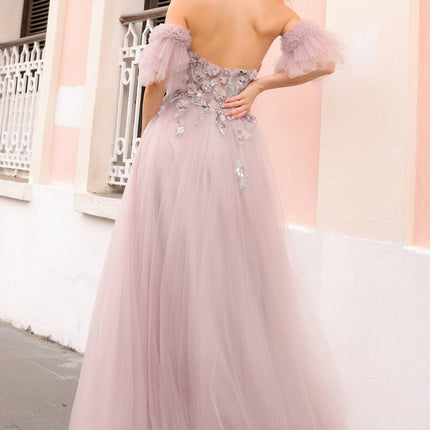 Nox Anabel E1453 Long Strapless A-Line Tulle Gown Removable Arm Cuffs
