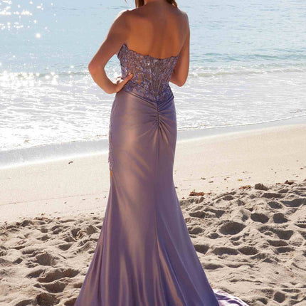Nox Anabel E1527 Satin Sheer Boned Applique with High Slit Dress