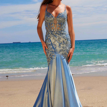Nox Anabel E1532 Satin Sequin Applique Boned Waist Mermaid Dress