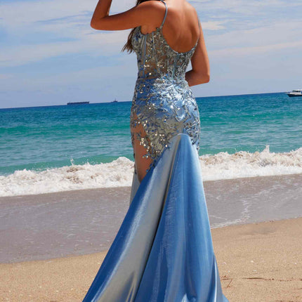 Nox Anabel E1532 Satin Sequin Applique Boned Waist Mermaid Dress