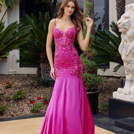 Nox Anabel E1532 Satin Sequin Applique Boned Waist Mermaid Dress