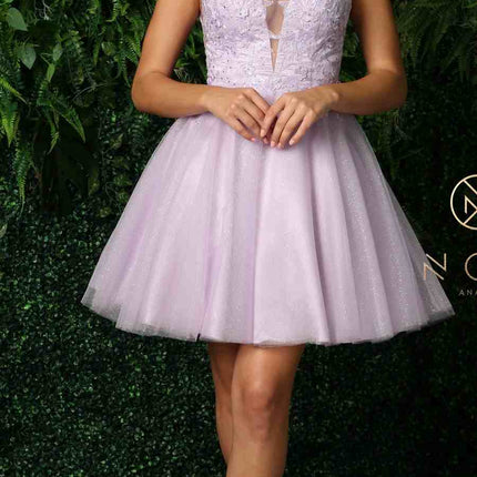 Nox Anabel E779 Plunging V-Neck Embroidered Bodice Short Dress