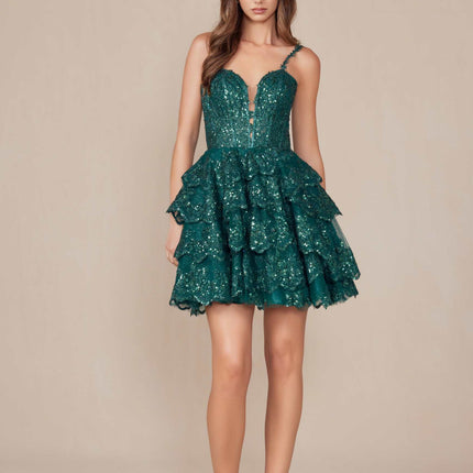 CLEARANCE - Nox Anabel E914 Short Applique Tiered A-Line Rose Gold Dress (Size 6, 12)