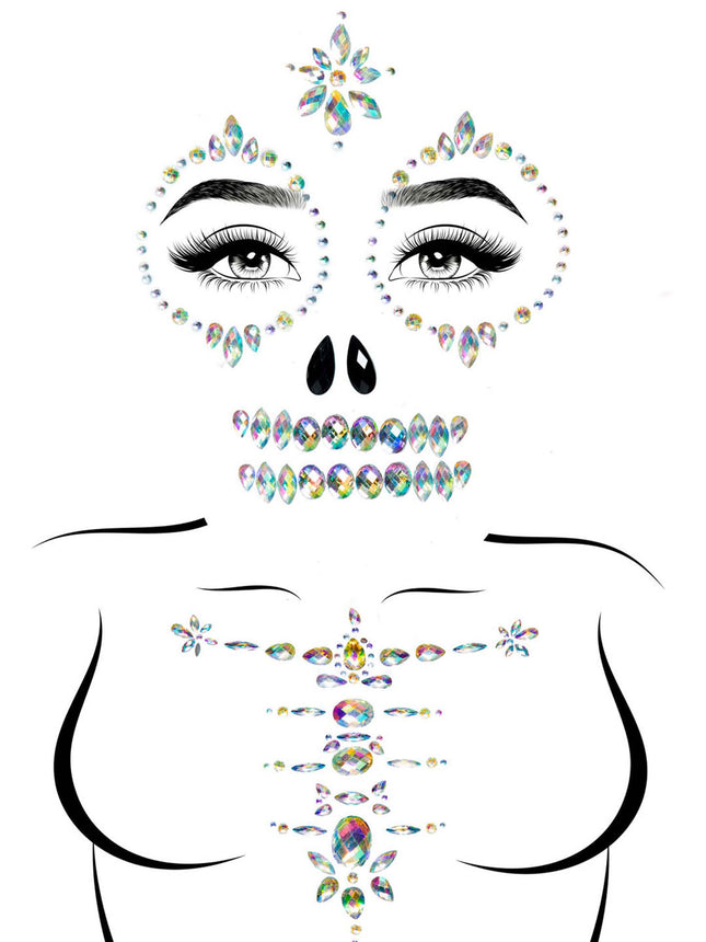 Skeleton Face and Chest Jewels Sticker - Clear - O/S