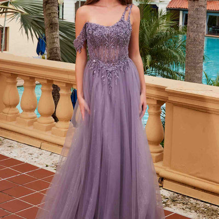 Nox Anabel F1567 Embroidered A-Line Sheer Boned Waistline Dress
