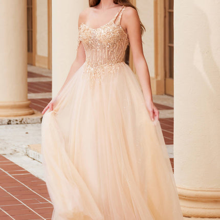 Nox Anabel F1567 Embroidered A-Line Sheer Boned Waistline Dress