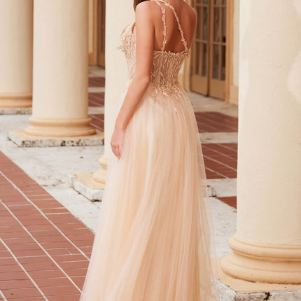 Nox Anabel F1567 Embroidered A-Line Sheer Boned Waistline Dress