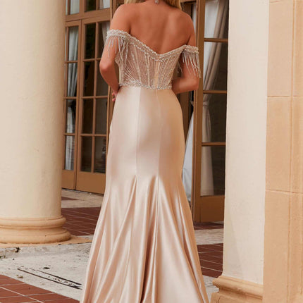 Nox Anabel F1568 Satin Beaded Off-Shoulder Boned Waistline Dress