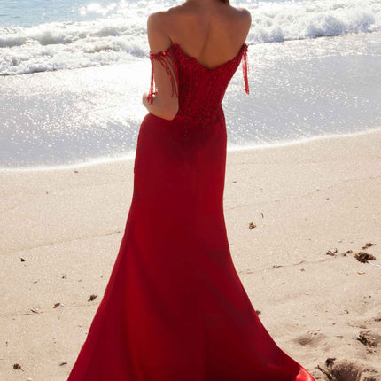 Nox Anabel F1571 Fringed Off-Shoulder Sequin Sweetheart Neckline Dress