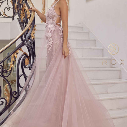 Nox Anabel F485 Lace and Beads Mermaid Gown Chiffon Overskirt