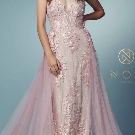 Nox Anabel F485 Lace and Beads Mermaid Gown Chiffon Overskirt