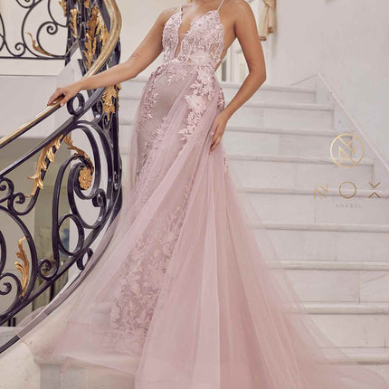 Nox Anabel F485 Lace and Beads Mermaid Gown Chiffon Overskirt