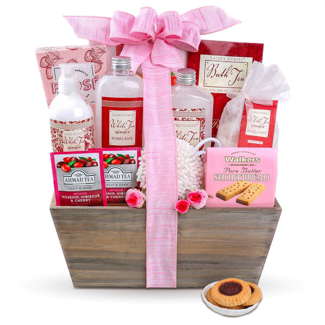 Tea & Tranquility Spa Gift Basket – White Tea & Ginger Self Care Gift Set with Cookies & Tea