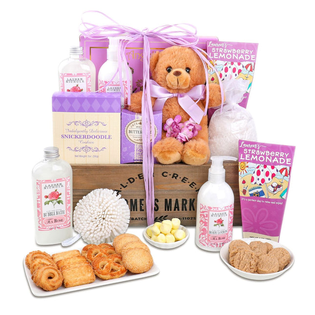 Alder Creek Pampered Rose Gift Basket with Spa Essentials, Cookies & Teddy Bear