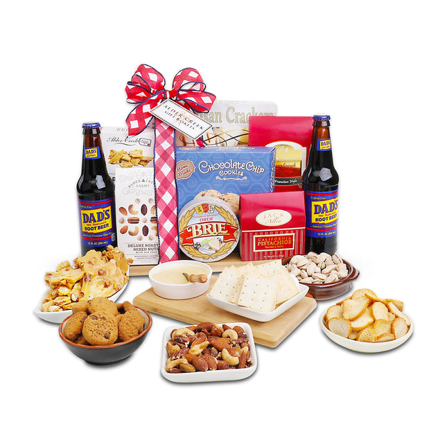Alder Creek Gift Baskets Summer Celebrations Charcuterie Cutting Board Gift Basket – Gourmet Snack & Cheese Board Gift Set with Root Beer