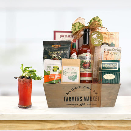 Alder Creek Bloody Mary Gift Basket with Mix, Snacks & Wood Crate