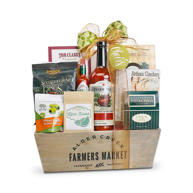 Alder Creek Bloody Mary Gift Basket with Mix, Snacks & Wood Crate
