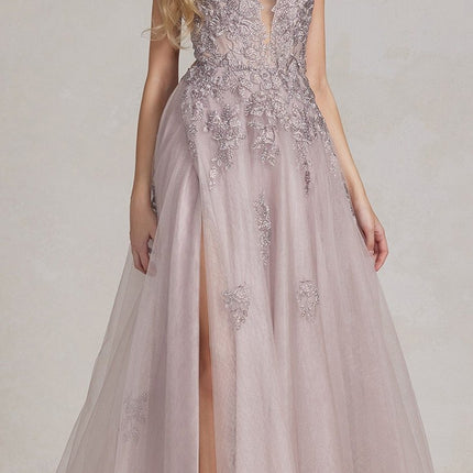 Nox Anabel G1149 Floor Length A-Line Tulle Gown with Slit