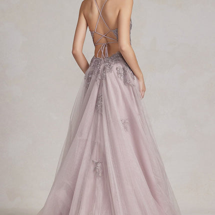 Nox Anabel G1149 Floor Length A-Line Tulle Gown with Slit