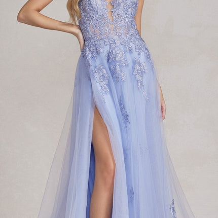 Nox Anabel G1149 Floor Length A-Line Tulle Gown with Slit
