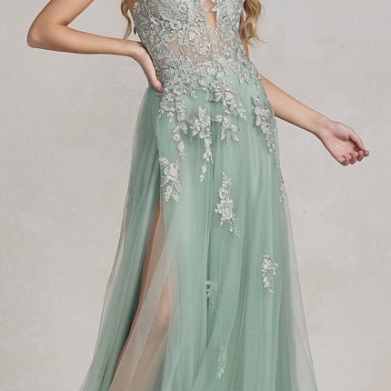 Nox Anabel G1149 Floor Length A-Line Tulle Gown with Slit