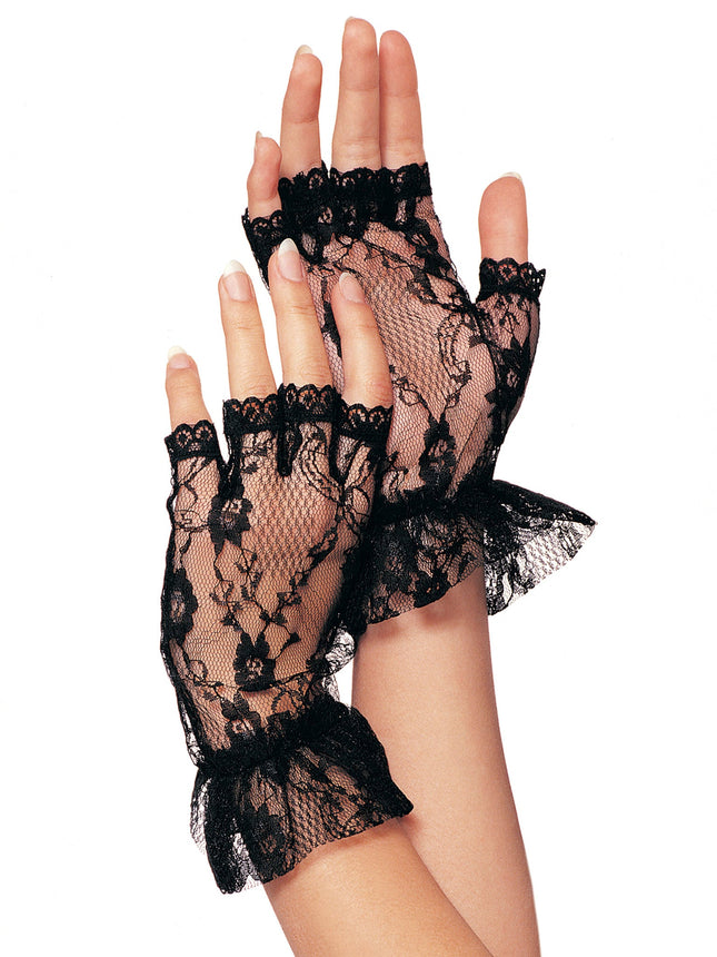 Lace ruffle Wrist Length Fingerless Gloves - Black - O/S